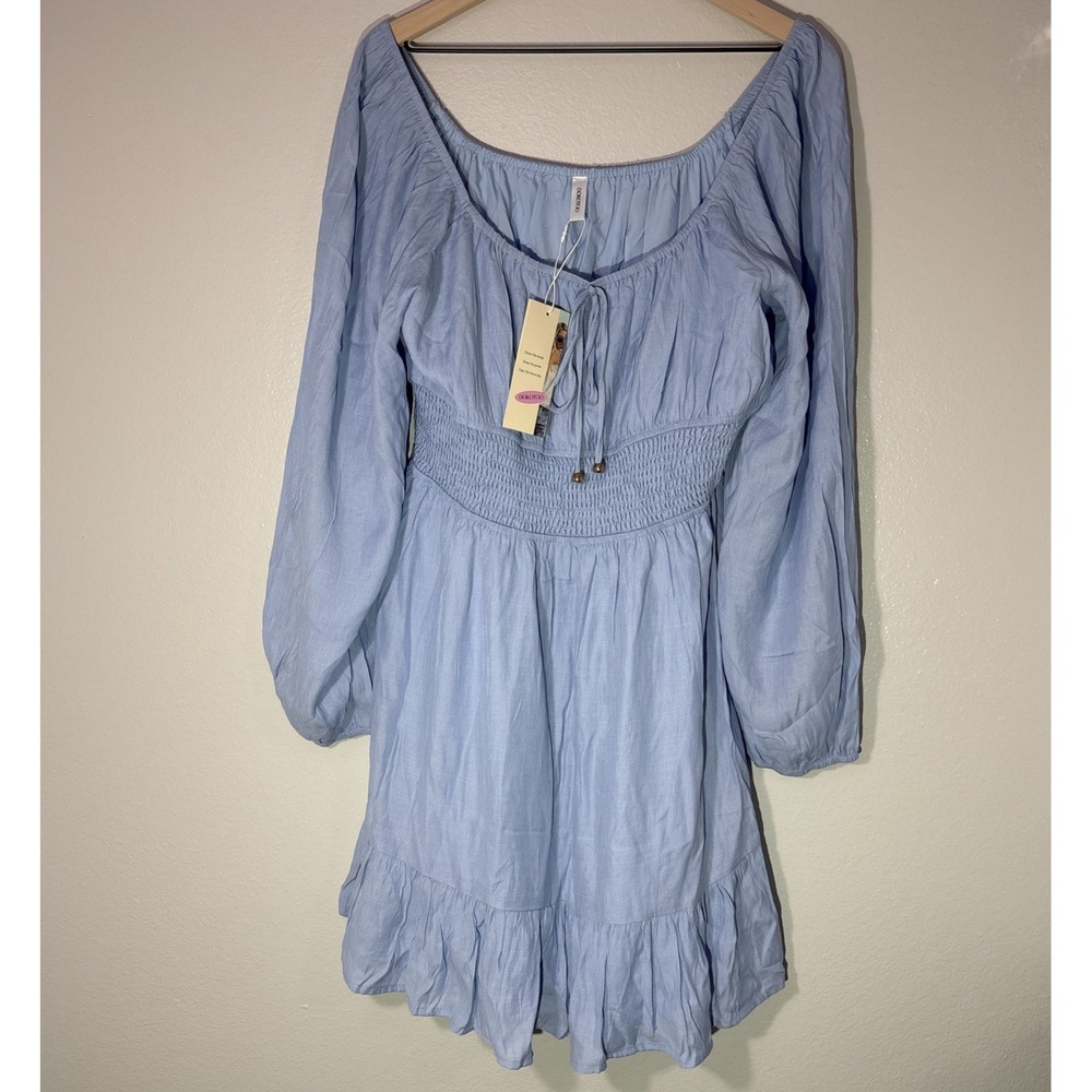 NWT Dokotoo Smocked Babydoll Light Blue Womens Flowy Dress Balloon Sleeves XL